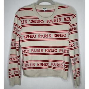 Kenzo Red & Tan Striped Woven Logo Knitted Sweater Long Sleeve Round Neck Small